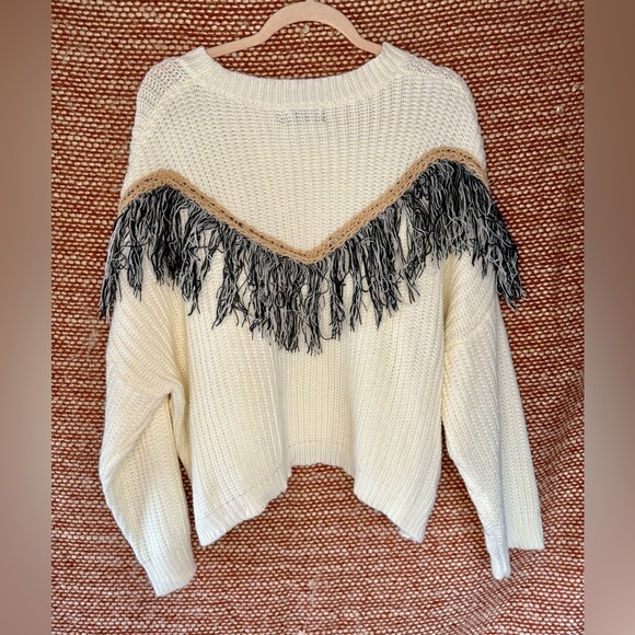 Mustard Seed Cream Sweater with Black Fringe - Picture 4 of 7
